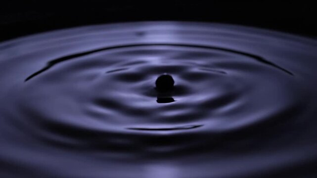 Liquid drop creating ripple effect dark blue surface macro shot