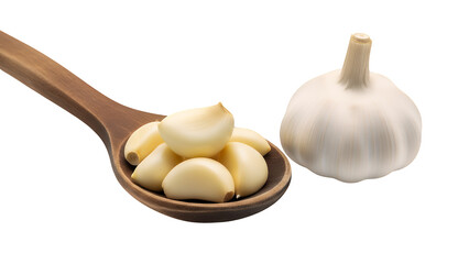 Fresh garlic cloves isolated on transparent background in a wooden spoon and whole bulb on white background