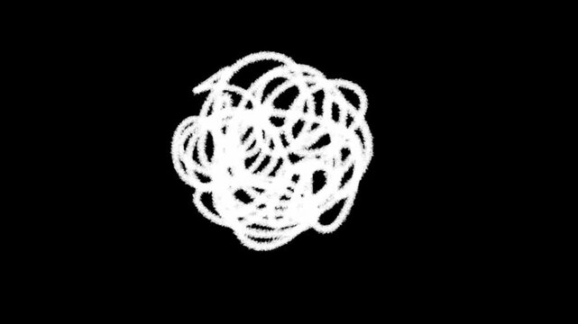 An abstract animated loop of white scribbled brushstrokes forming a messy circle or ball on a pure black background. The scene represents creative energy, motion graphics, and chaotic art.