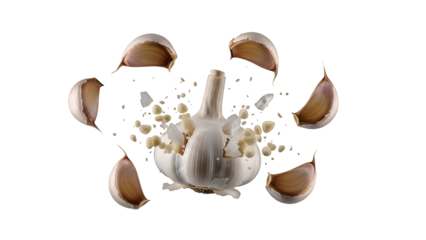Garlic clove explosion isolated on transparent background, culinary spice detail for food and healthy eating
