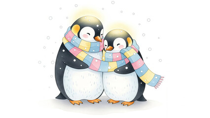 Cozy up with this adorable penguin couple sharing a colorful scarf, perfect for winter greetings and heartfelt messages of love and friendship