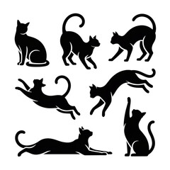 Black cat silhouettes in various poses, isolated on transparent background