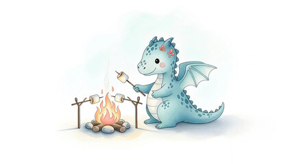 Charming dragon roasting marshmallows by campfire, a whimsical scene for children's books, invites cozy feelings and storytelling, perfect for kids