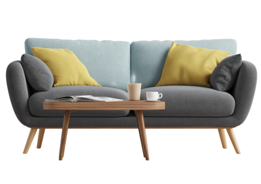 Gray fabric sofa with light blue cushions and yellow accent pillows on wooden legs isolated on a transparent background