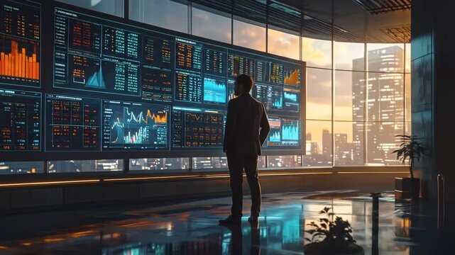 Businessman Analyzing Financial Data on Large Screen in Office