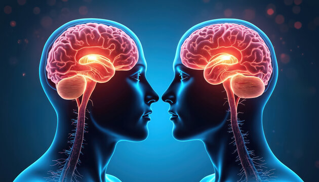 Two heads face each other. Brains highlighted in red show neural connection. It depicts cognition, thought process. Brain health concept. Neurological pathway, cognitive function for mental activity.