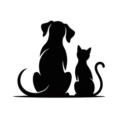 Dog and cat silhouettes sitting together, isolated on transparent background