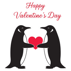 
Happy Valentine's Day greeting card design with two cute penguins holding a red heart together. Vector illustration with text.