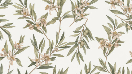 Delicate olive branch pattern with blooming flowers for elegant designs and natural beauty, perfect for backgrounds and textiles with a fresh, organic feel