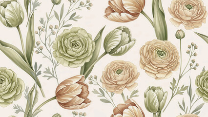 Elegant floral pattern with soft pastel tulips and ranunculus for a calming, sophisticated design perfect for backgrounds and spring themed projects