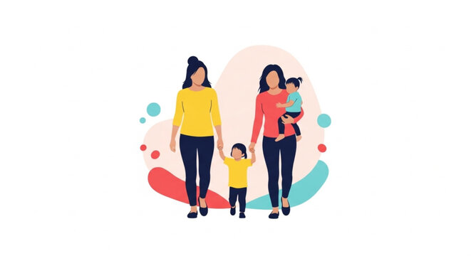 Two moms walking with their children, showcasing diverse family dynamics and modern parenting styles in a colorful, inclusive scene perfect for family blogs