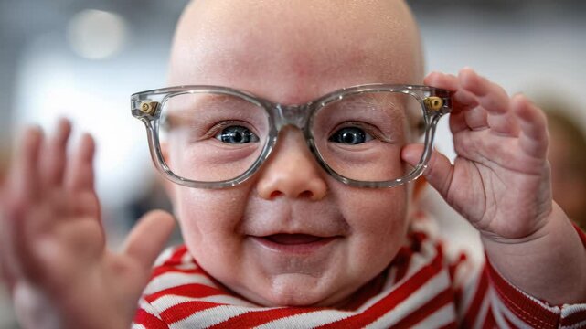 baby wearing clear glasses closeup capturing playful expressions, chubby cheeks, tiny hands adjusting oversized transparent frames, soft neutral background,