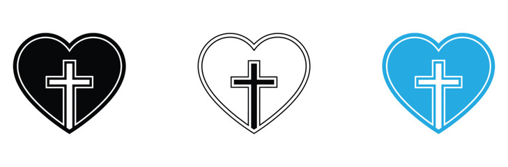 Timeless symbols of faith and love with heart and cross in black, white, and blue for graphic design projects, religious events, and spiritual artwork