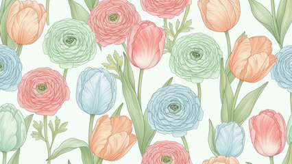 Elegant floral pattern with tulips and ranunculus for a fresh spring vibe, perfect for stationery, textiles, or wedding designs