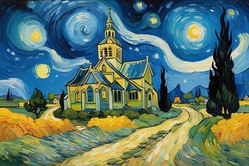 Illustration of a village at night with buildings in art style