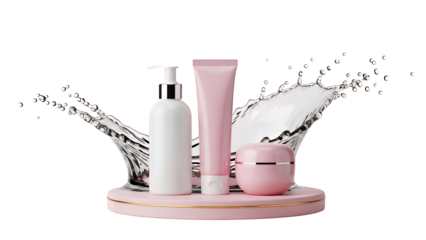 Cosmetic Product Collection with Water Splash isolated on transparent background