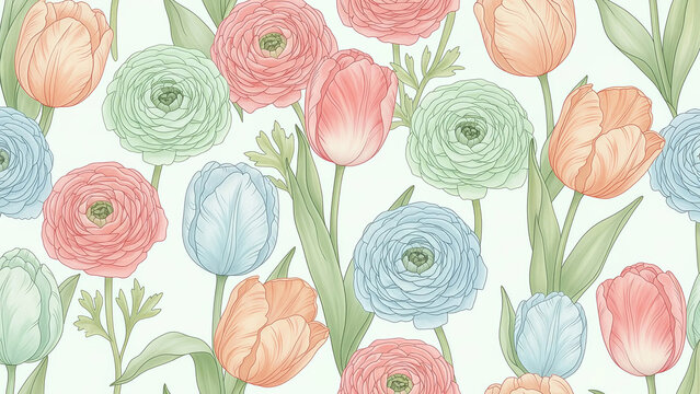 Elegant floral pattern with tulips and ranunculus for a fresh spring vibe, perfect for stationery, textiles, or wedding designs