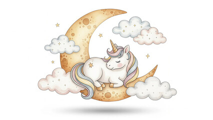 Dreamy unicorn slumbering peacefully on a crescent moon amidst fluffy clouds and twinkling stars, perfect for magical children's designs