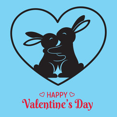 
Happy Valentine's Day greeting card with cute rabbit couple hugging inside heart shape. Black silhouette vector illustration on blue background.