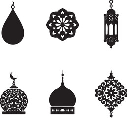 Collection of Islamic geometric patterns and symbols in black silhouette