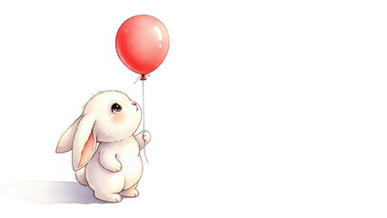 Adorable bunny with red balloon offers sweet innocence and playful charm for children's designs, nursery art, and whimsical projects