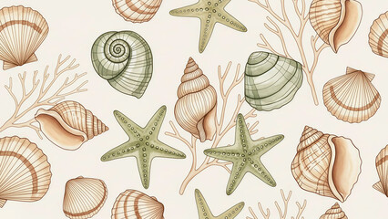 Dreamy ocean shells and starfish pattern for summer designs, coastal decor, and beach-themed projects, calming neutral tones, elegant watercolor details