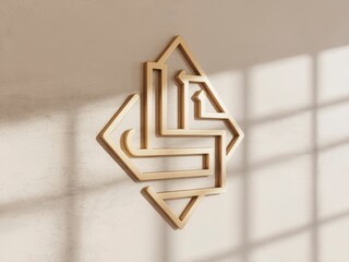 Sophisticated golden logo design for modern brand identity and elegant corporate visuals, casting soft shadows on a textured wall in a minimalist interior setting