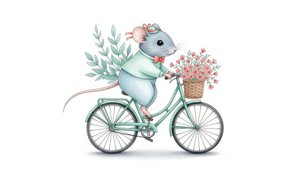 Whimsical mouse riding bicycle with flowers and greenery, perfect for children's illustrations and springtime designs, bringing joy and charm to any project