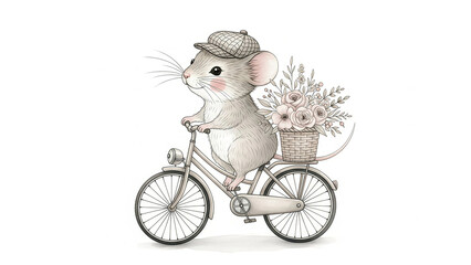 Adorable mouse in cap rides bicycle with flower basket for charming storybook illustration or whimsical greeting card design with sweet vintage feel
