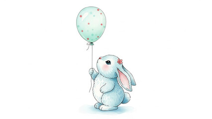 Adorable watercolor bunny holding a balloon, perfect for children's book illustrations or charming springtime designs and Easter themes