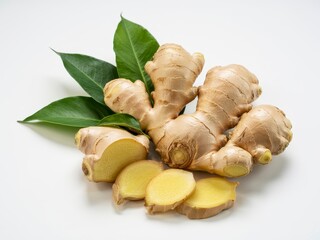 Fresh ginger root and vibrant green leaves on a clean white surface, perfect for healthy recipes, wellness blogs, and natural ingredient promotions