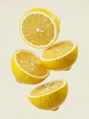 Fresh lemons floating in bright studio light offer a vibrant healthy lifestyle concept for drink, food, or summer promotion and advertising materials