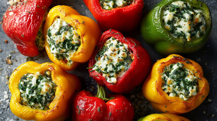 colorful mini bell peppers stuffed with herbed cheese filling, roasted lightly, vibrant color palette
