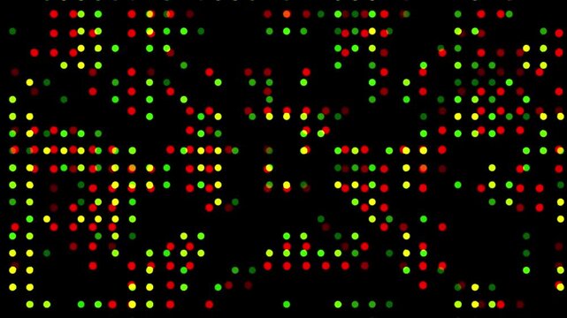 Abstract pattern of red yellow and green illuminated dots in rows and columns Keywords: abstract, pattern, red, yellow, green, dots, illuminated, rows, columns, dark, background, technology