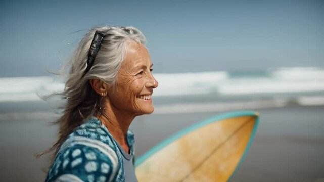 senior caucasian woman running with surfboard along sunlit beach shore, turquoise board under arm, waves rolling in calm ocean, salt breeze ruffling hair,