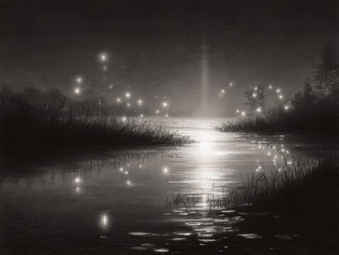 Enchanting night scene with a serene lake reflecting moonlight and numerous glowing fireflies dancing in the misty air - Powered by Adobe