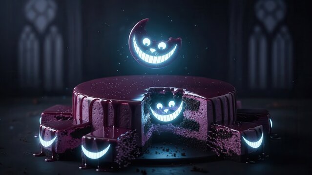 A whimsical scene unfolds with a dark purple cake adorned with glowing cheshire cat smiles, set against a gothic backdrop of arched windows, creating a mysterious and enchanting atmosphere