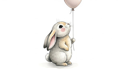 Adorable bunny holds a balloon and stares up with wonder, perfect for Easter cards, spring designs, or cute children's projects