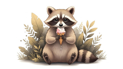 Adorable raccoon enjoying a sweet pink ice cream cone in a leafy botanical setting, perfect for children's books and cute animal designs