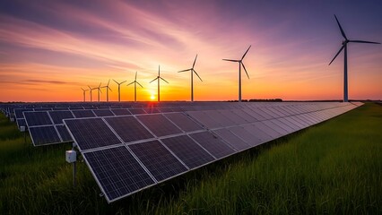 Clean energy concept with silhouetted wind turbines and reflective solar panels in a grassy meadow