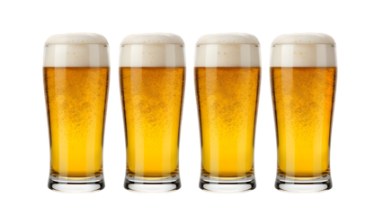 Four refreshing glasses of beer, isolated on a transparent background, perfect for your design needs