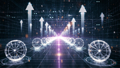 Data Stream Ascend: A futuristic digital landscape featuring glowing data streams and ascending arrows, symbolizing growth and technological advancement.