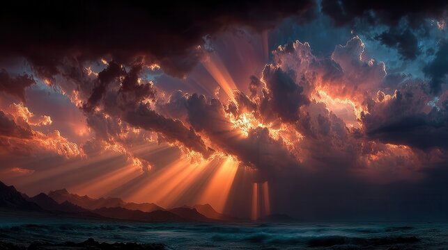 Moody sky with rolling clouds and beams of light breaking through