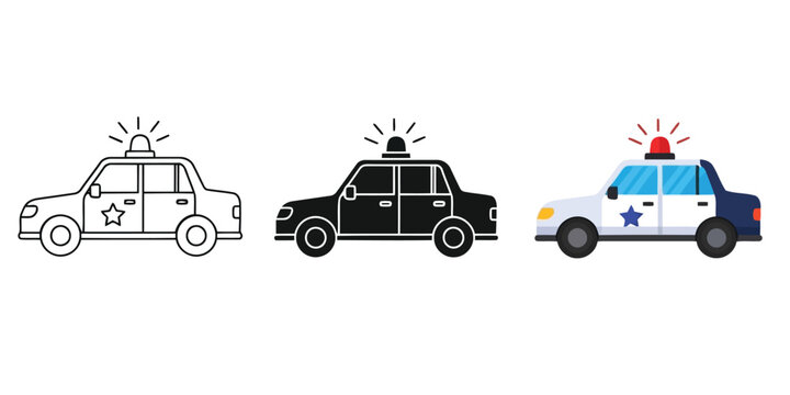 Police car icon set featuring outline, solid black, and colored versions with siren lights