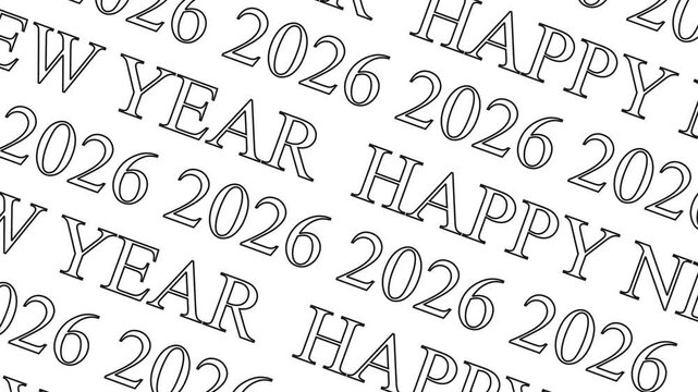 Repeating pattern of the words HAPYNEWYEAR and the number 2026 in outline font on a white background