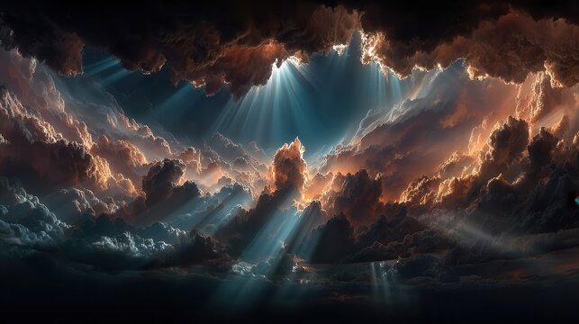 Moody sky with rolling clouds and beams of light breaking through