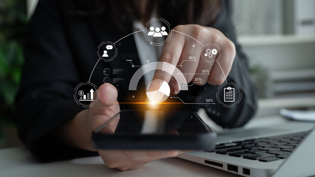 A project management dashboard displaying key performance indicators. The data visualization shows business intelligence metrics for workflow, team performance, and financial growth. Fermion
