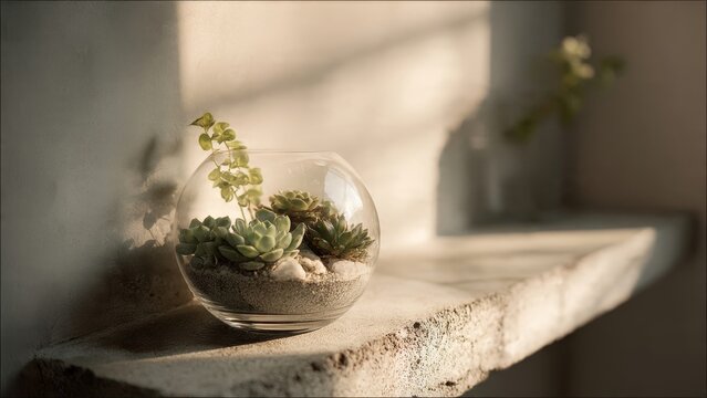 Succulent Terrarium Sits on Shelf in Soft Sunlight

 - Powered by Adobe