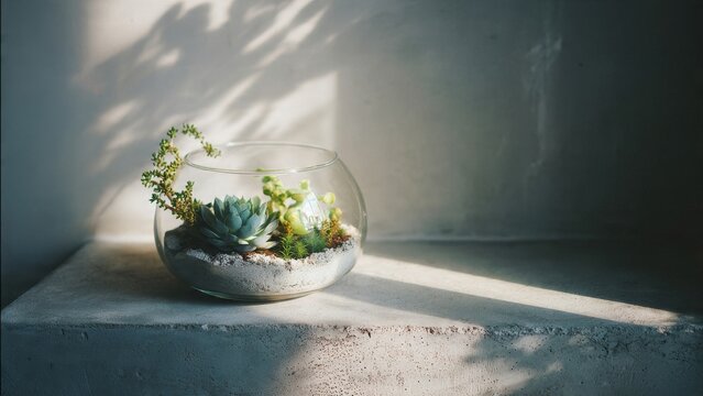 Succulent Terrarium Sits on Shelf in Soft Sunlight

