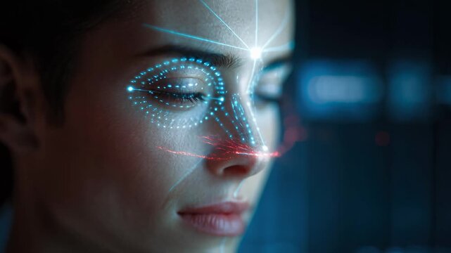 Close-up caucasian eye biometric scan capturing HUD rings and red retinal core, security analyst viewpoint, cyber interface overlay, floating particles and neon